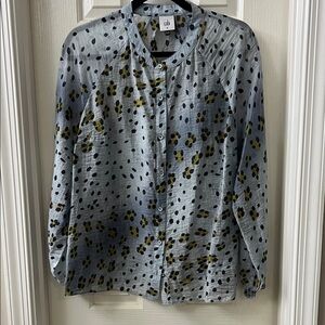 CAbi Light Blue Button-Front Printed Shirt Jacket with Black and Olive Dots